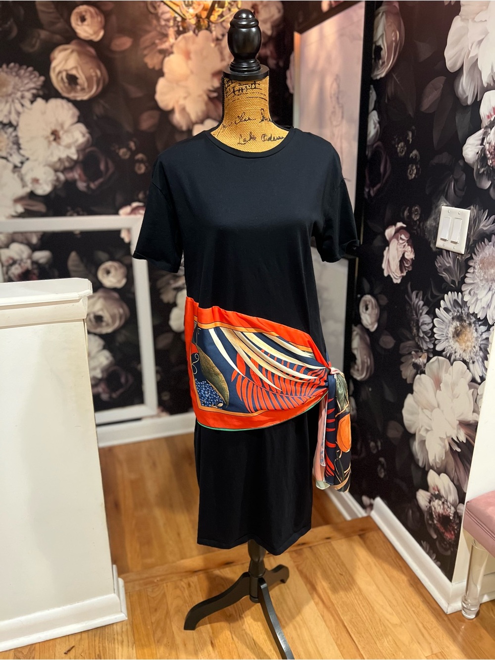 Zara Women's Black Dress with Vibrant Scarf Accent